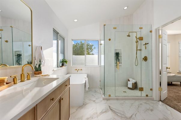 Bathroom, Glass Shower, Interior, Marble, Recessed Lighting