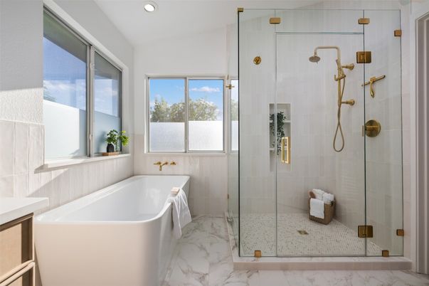 Bathroom, Free Standing Baths, Glass Shower, Interior, Marble, Recessed Lighting