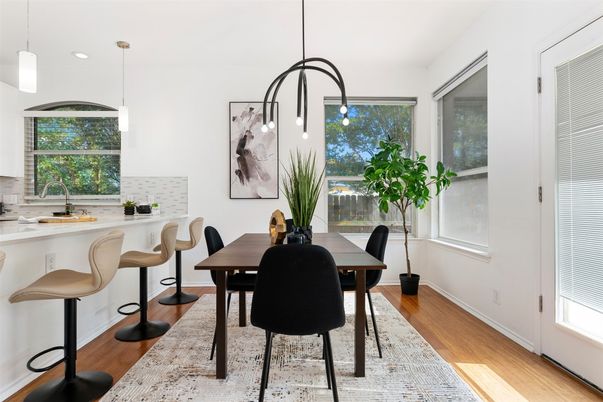 Dining room, Interior, Pendant Lights, Recessed Lighting, Wood Texture Flooring