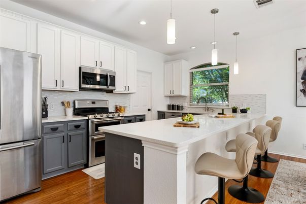 Interior, Kitchen, Pendant Lights, Recessed Lighting, Stainless Steel Appliances, Wood Texture Flooring