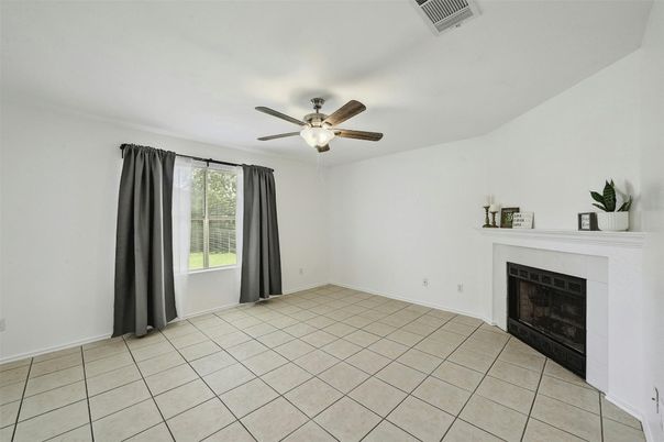 Empty room, Fireplace, Interior, Kitchen, Pendant Lights, Stainless Steel Appliances
