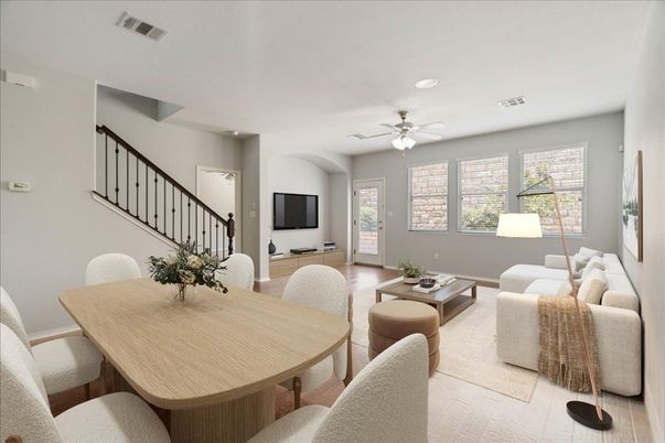 Dining room, Interior, Living room, Recessed Lighting, Wood Texture Flooring