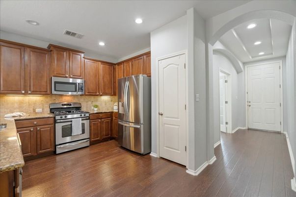 Interior, Kitchen, Recessed Lighting, Stainless Steel Appliances, Wood Texture Flooring