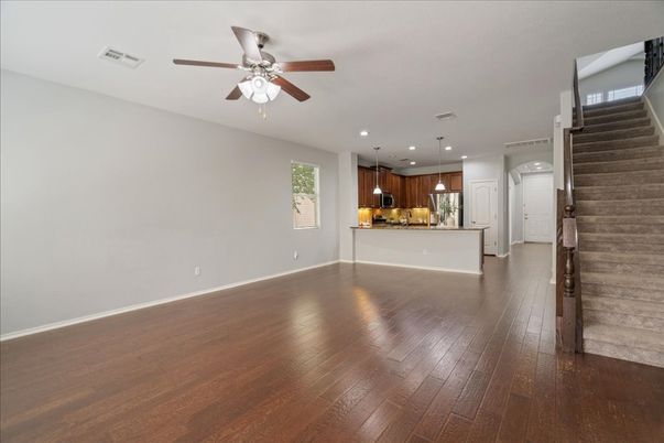 Empty room, Interior, Kitchen, Pendant Lights, Recessed Lighting, Wood Texture Flooring
