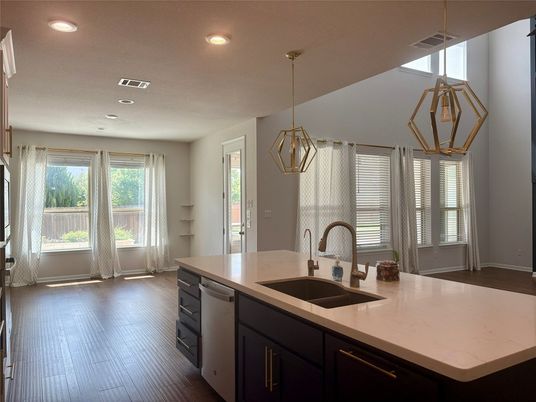 Interior, Kitchen, Pendant Lights, Recessed Lighting, Wood Texture Flooring