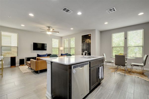Dining room, Interior, Kitchen, Living room, Recessed Lighting, Wood Texture Flooring