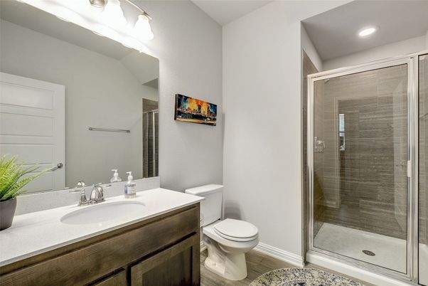 Bathroom, Glass Shower, Interior, Recessed Lighting, Wood Texture Flooring