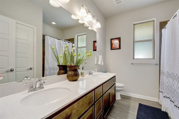 Bathroom, Dual Sink Vanities, Interior, Recessed Lighting, Wood Texture Flooring