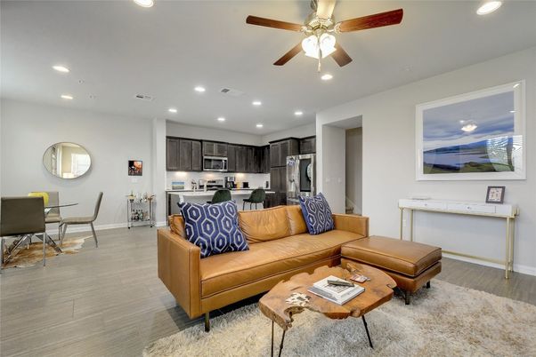 Dining room, Interior, Kitchen, Living room, Recessed Lighting, Stainless Steel Appliances, Wood Texture Flooring