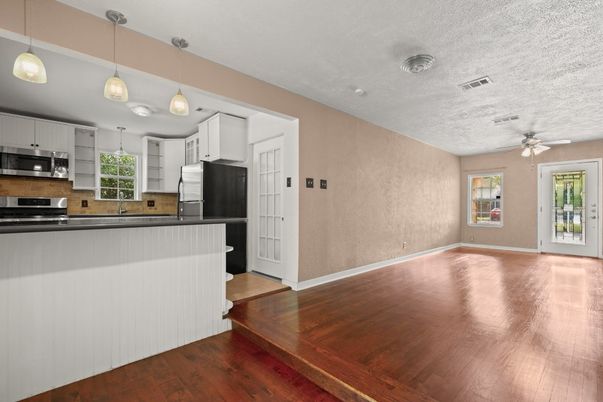 Interior, Kitchen, Pendant Lights, Stainless Steel Appliances, Wood Texture Flooring