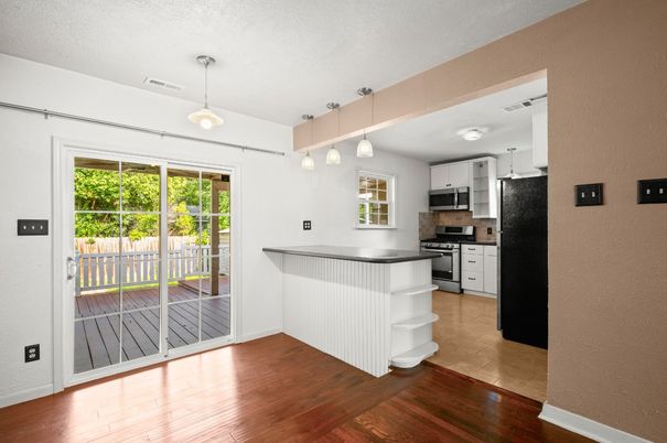Interior, Kitchen, Pendant Lights, Stainless Steel Appliances, Wood Texture Flooring