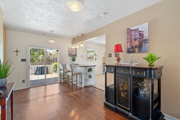 Dining room, Interior, Pendant Lights, Wood Texture Flooring