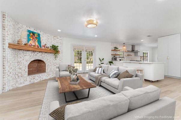 Fireplace, Interior, Kitchen, Living room, Pendant Lights, Recessed Lighting, Stone Walls, Wood Texture Flooring