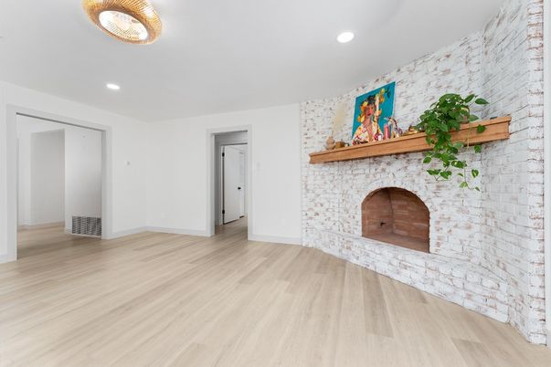 Empty room, Fireplace, Interior, Recessed Lighting, Wood Texture Flooring