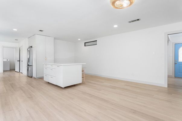 Empty room, Interior, Kitchen, Recessed Lighting, Wood Texture Flooring