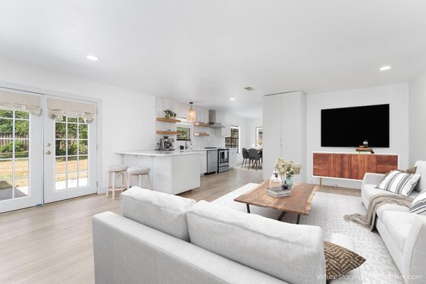Dining room, Interior, Kitchen, Living room, Pendant Lights, Recessed Lighting, Wood Texture Flooring
