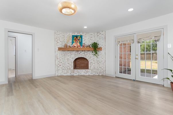 Empty room, Fireplace, Interior, Recessed Lighting, Wood Texture Flooring