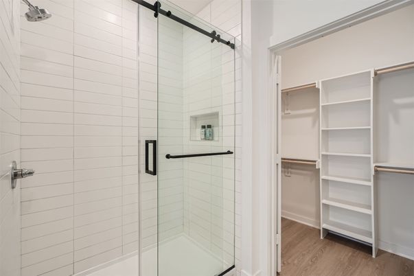 Bathroom, Glass Shower, Interior, Walk-in Closets, Wood Texture Flooring