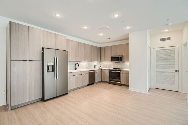 Interior, Kitchen, Recessed Lighting, Stainless Steel Appliances, Wood Texture Flooring