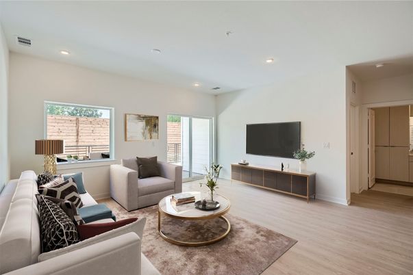 Interior, Living room, Recessed Lighting, Wood Texture Flooring