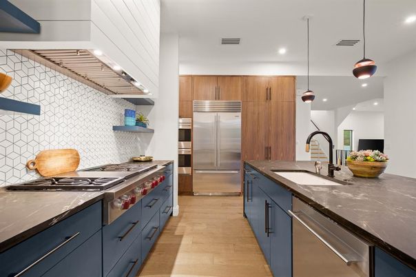 Interior, Kitchen, Pendant Lights, Recessed Lighting, Stainless Steel Appliances, Wood Texture Flooring