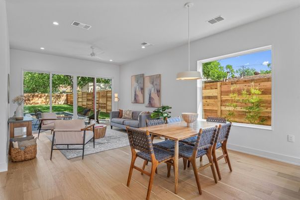 Dining room, Interior, Living room, Pendant Lights, Recessed Lighting, Wood Texture Flooring