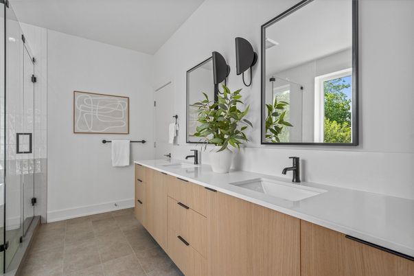 Bathroom, Dual Sink Vanities, Glass Shower, Interior