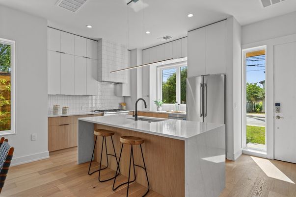 Interior, Kitchen, Pendant Lights, Recessed Lighting, Stainless Steel Appliances, Wood Texture Flooring