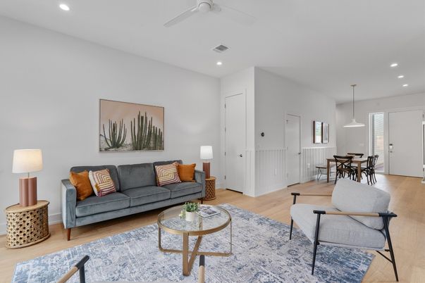 Dining room, Interior, Living room, Pendant Lights, Recessed Lighting, Wood Texture Flooring