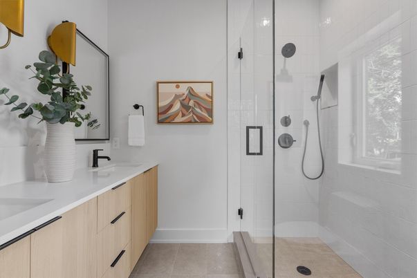 Bathroom, Dual Sink Vanities, Glass Shower, Interior