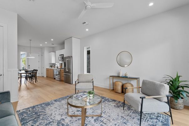 Dining room, Interior, Kitchen, Living room, Pendant Lights, Recessed Lighting, Stainless Steel Appliances, Wood Texture Flooring