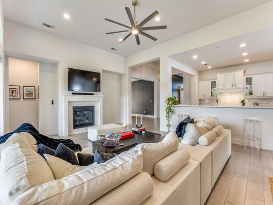 Fireplace, Interior, Living room, Pendant Lights, Recessed Lighting, Wood Texture Flooring