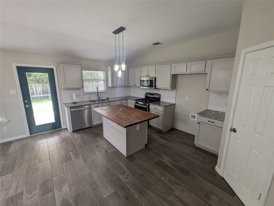 Interior, Kitchen, Pendant Lights, Stainless Steel Appliances, Wood Texture Flooring