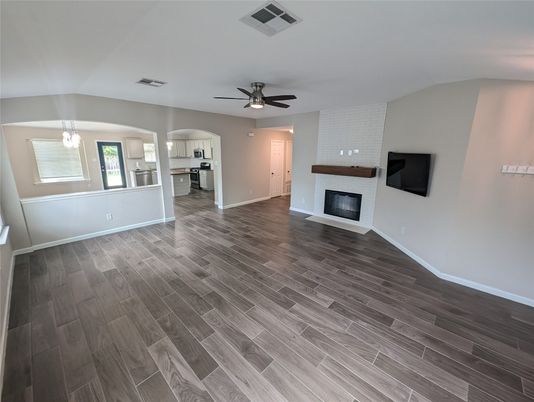Empty room, Fireplace, Interior, Kitchen, Stone Walls, Wood Texture Flooring