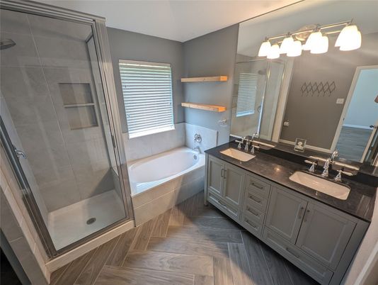Bathroom, Dual Sink Vanities, Glass Shower, Interior, Wood Texture Flooring
