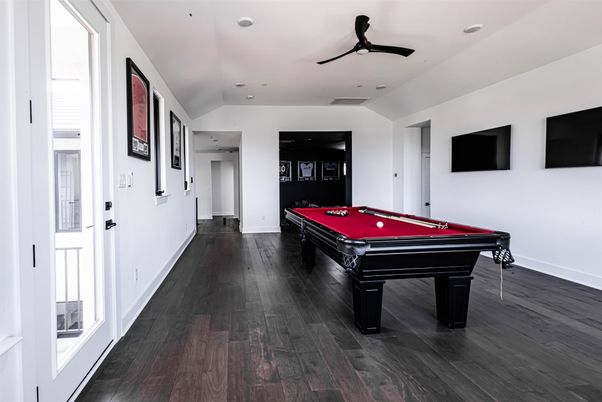Billiard Table, Game Room, Interior, Recessed Lighting, Wood Texture Flooring