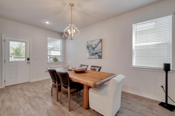 Dining room, Interior, Pendant Lights, Recessed Lighting, Wood Texture Flooring