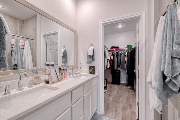 Bathroom, Dual Sink Vanities, Interior, Recessed Lighting, Walk-in Closets, Wood Texture Flooring