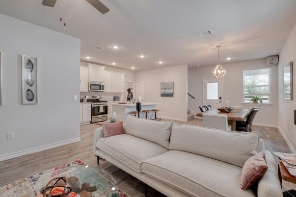 Dining room, Interior, Kitchen, Living room, Pendant Lights, Recessed Lighting, Stainless Steel Appliances, Wood Texture Flooring