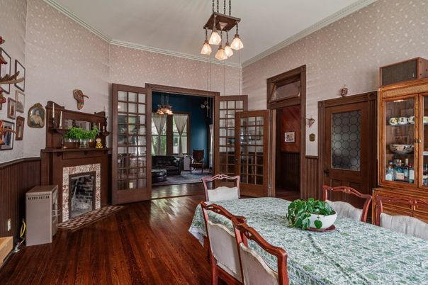 Chandelier, Dining room, Fireplace, Interior, Pendant Lights, Wood Texture Flooring
