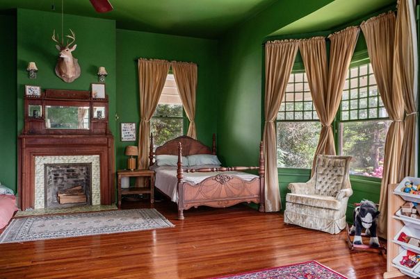 Bedroom, Fireplace, Interior, Wood Texture Flooring