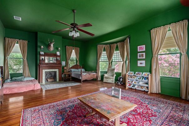 Bedroom, Fireplace, Interior, Wood Texture Flooring