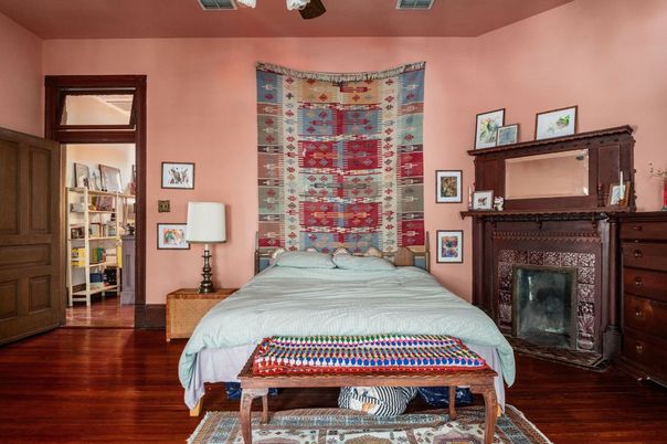 Bedroom, Fireplace, Interior, Wood Texture Flooring