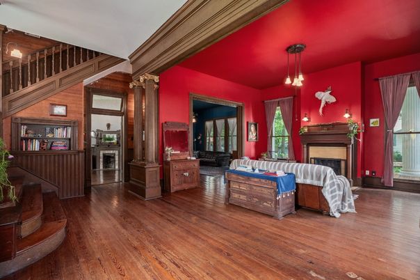 Fireplace, Interior, Pendant Lights, Wood Texture Flooring