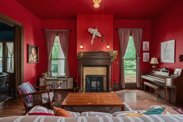 Fireplace, Interior, Living room, Pendant Lights, Piano, Wood Texture Flooring