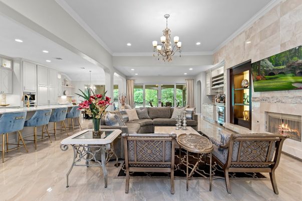 Chandelier, Fireplace, Interior, Kitchen, Living room, Recessed Lighting