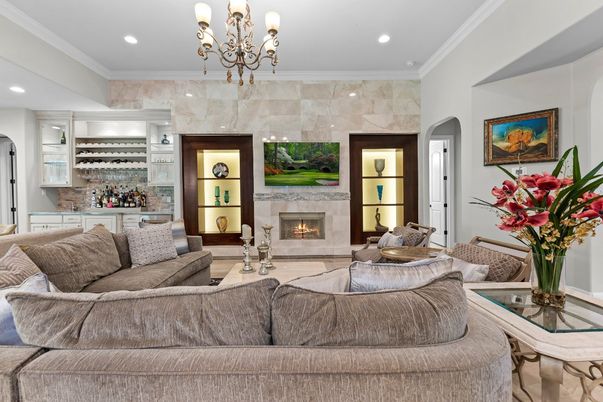 Chandelier, Fireplace, Interior, Living room, Recessed Lighting