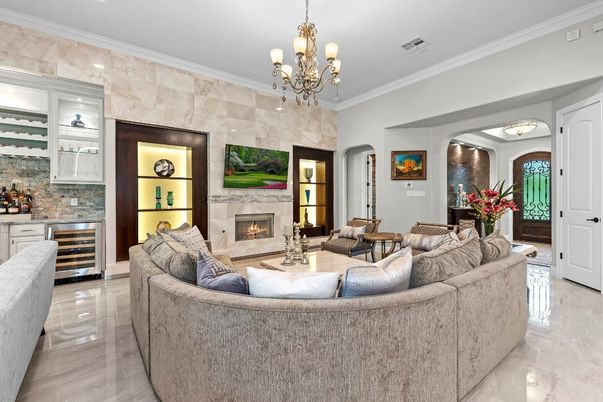 Chandelier, Fireplace, Interior, Living room, Recessed Lighting, Stone Walls
