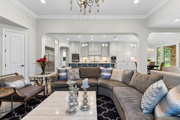 Chandelier, Dining room, Interior, Kitchen, Living room, Recessed Lighting, Stainless Steel Appliances