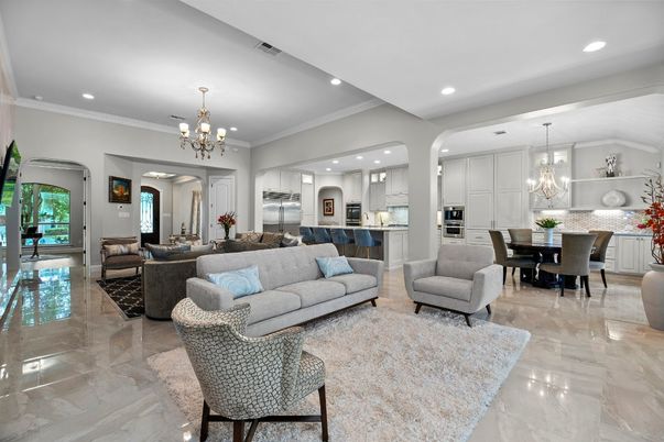Chandelier, Dining room, Interior, Kitchen, Living room, Recessed Lighting, Stainless Steel Appliances